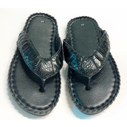 Men's Flip-flop Genuine Crocodile Alligator Skin Leather Handmade Black