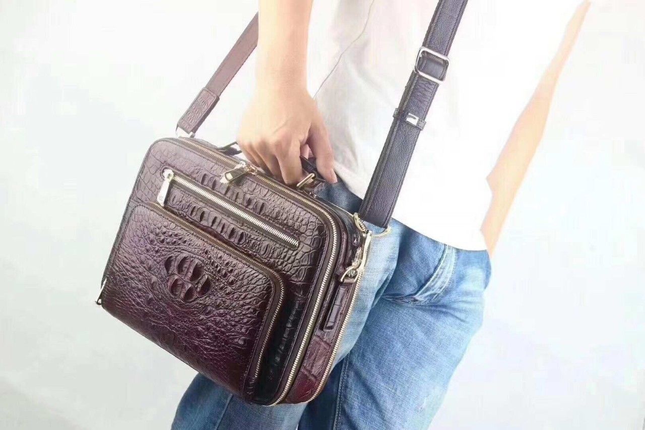 Genuine Crocodile Alligator Skin Leather Soft Men's Briefcase Bag Brown