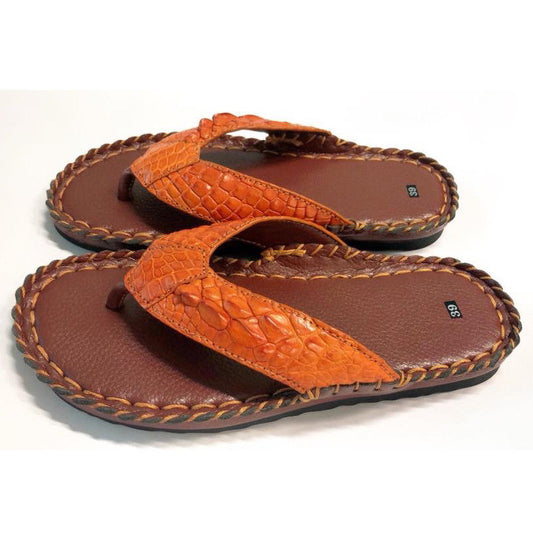 Men's Flip-flop Genuine Crocodile Alligator Skin Leather Handmade Orange