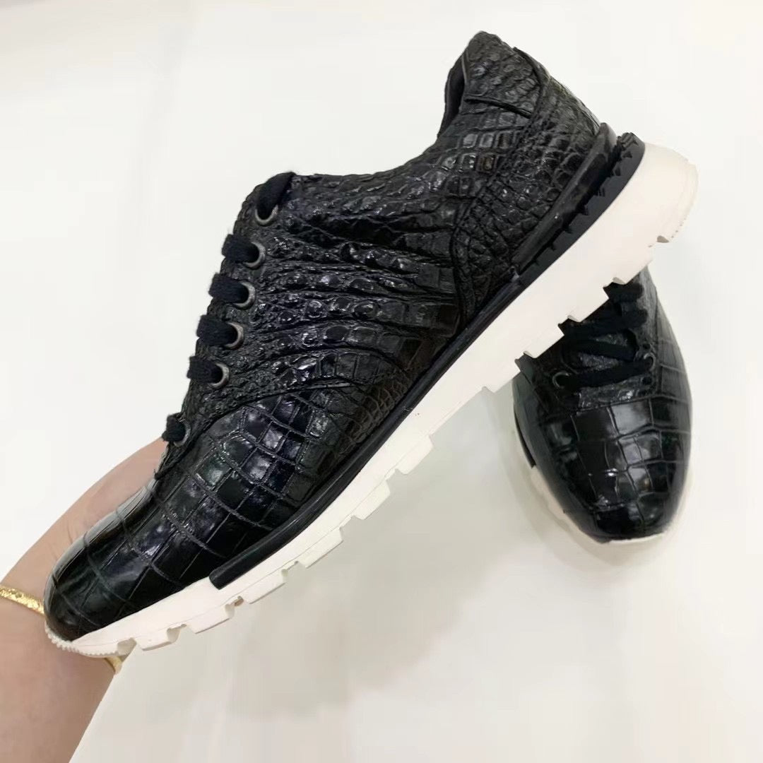 Men’s Shoes Genuine Crocodile Alligator Leather Sneakers Lace-up Walking Shoes for Men | Black #S581