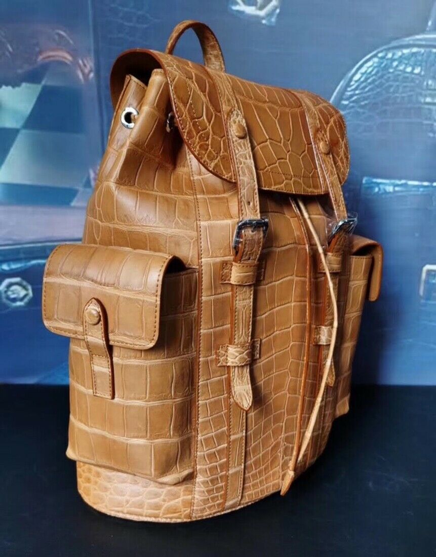Handcrafted Alligator Skin Leather Backpack Shoulder Bag Travel Bag White