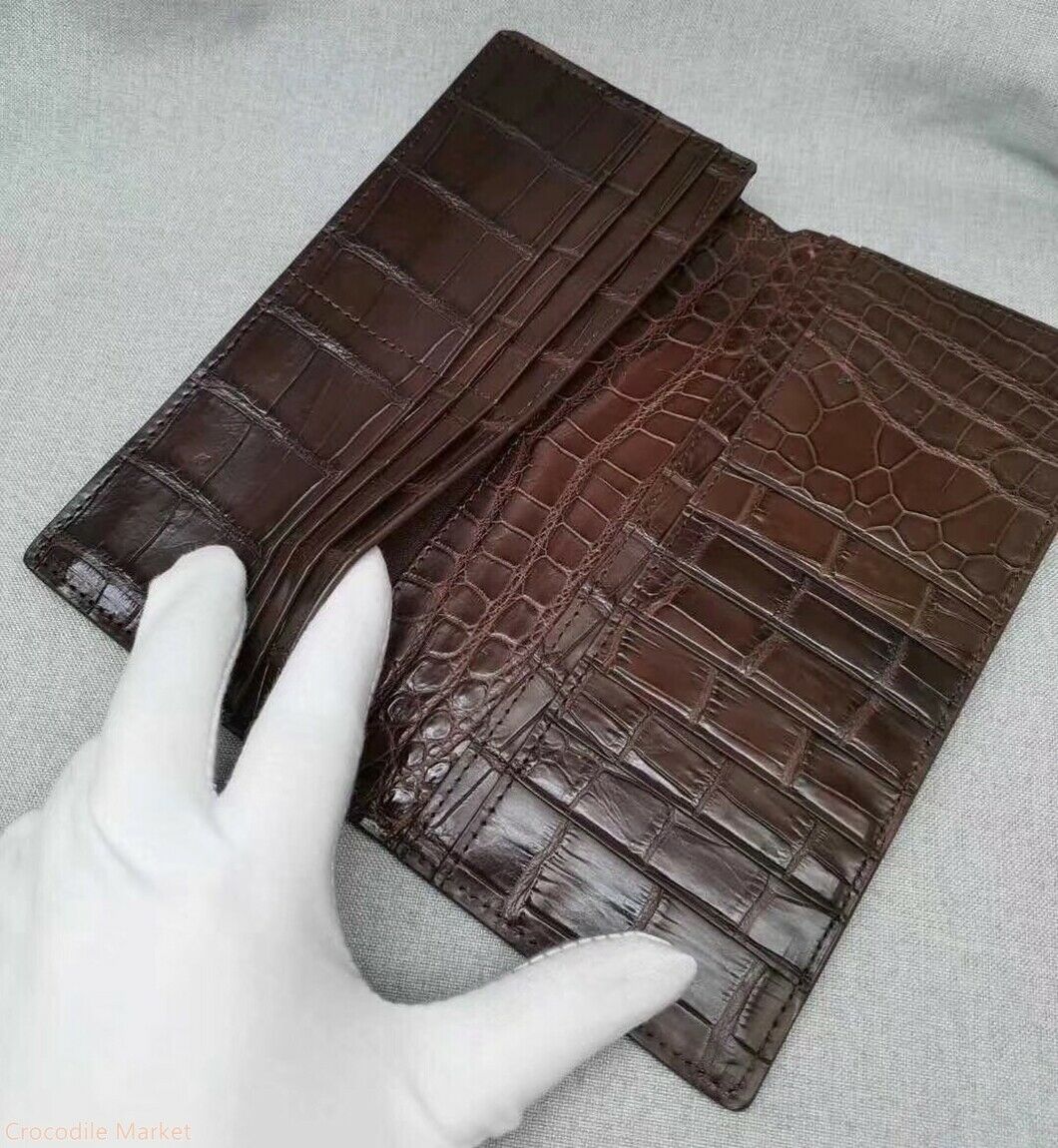 Double Side Handmade Genuine Crocodile Belly Leather Clutch Long Wallet #J1009