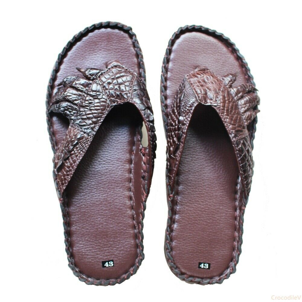 Mens Flip-flop Genuine Crocodile Alligator Skin Leather Handmade, Dark Brown
