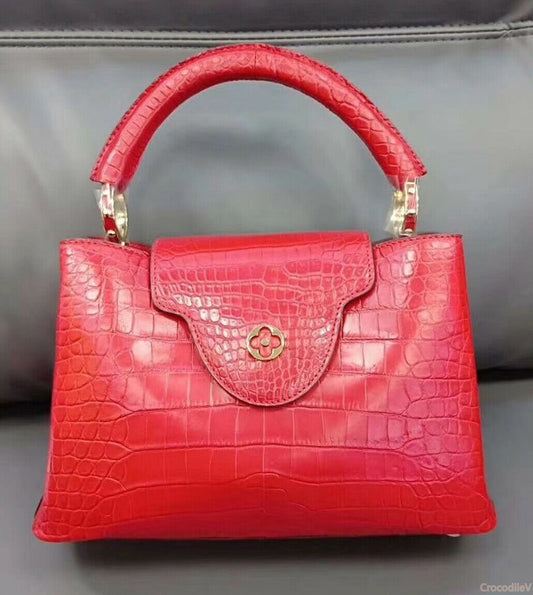 100% BELLY SKIN GENUINE CROCODILE LEATHER HANDBAG BAG RED NEW #B1802