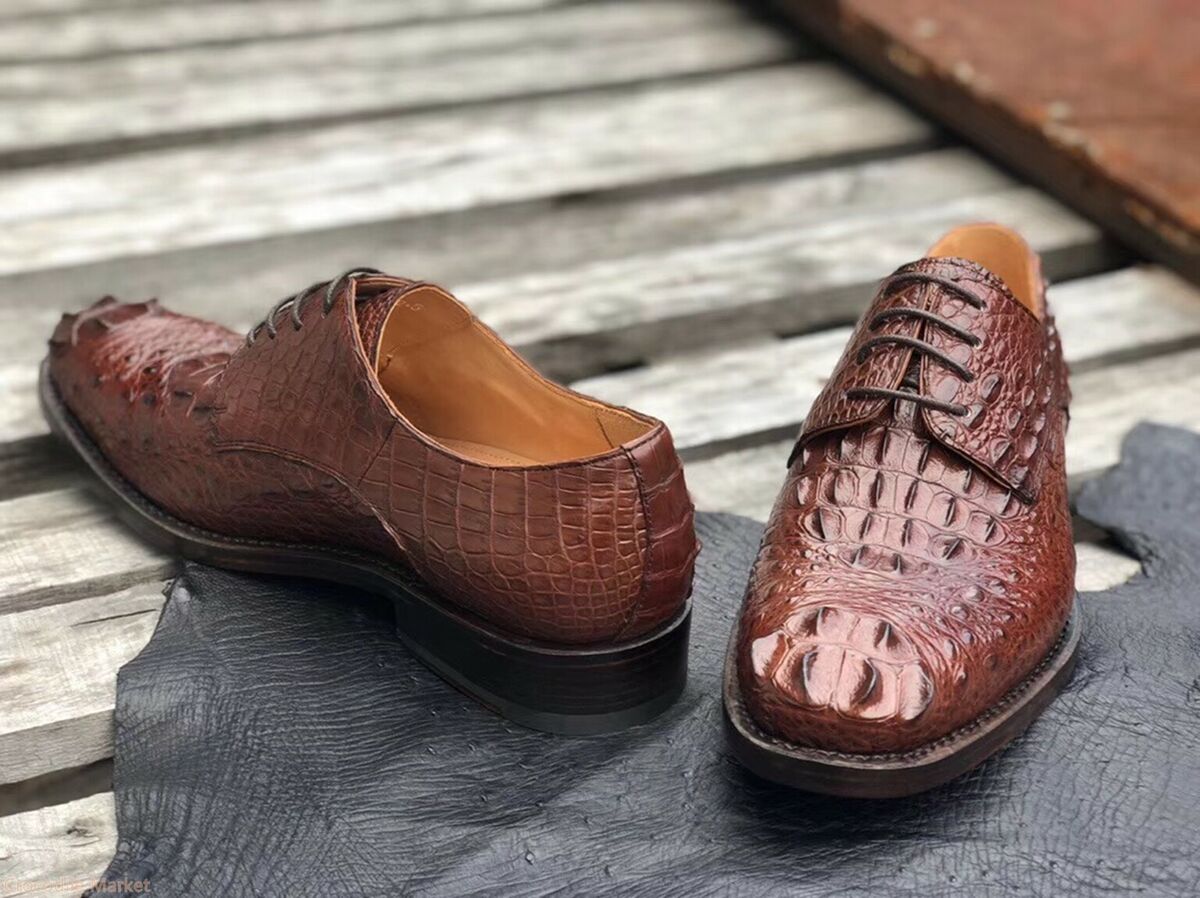 Men's Shoes Genuine Crocodile Alligator Skin Leather Handmade Brown
