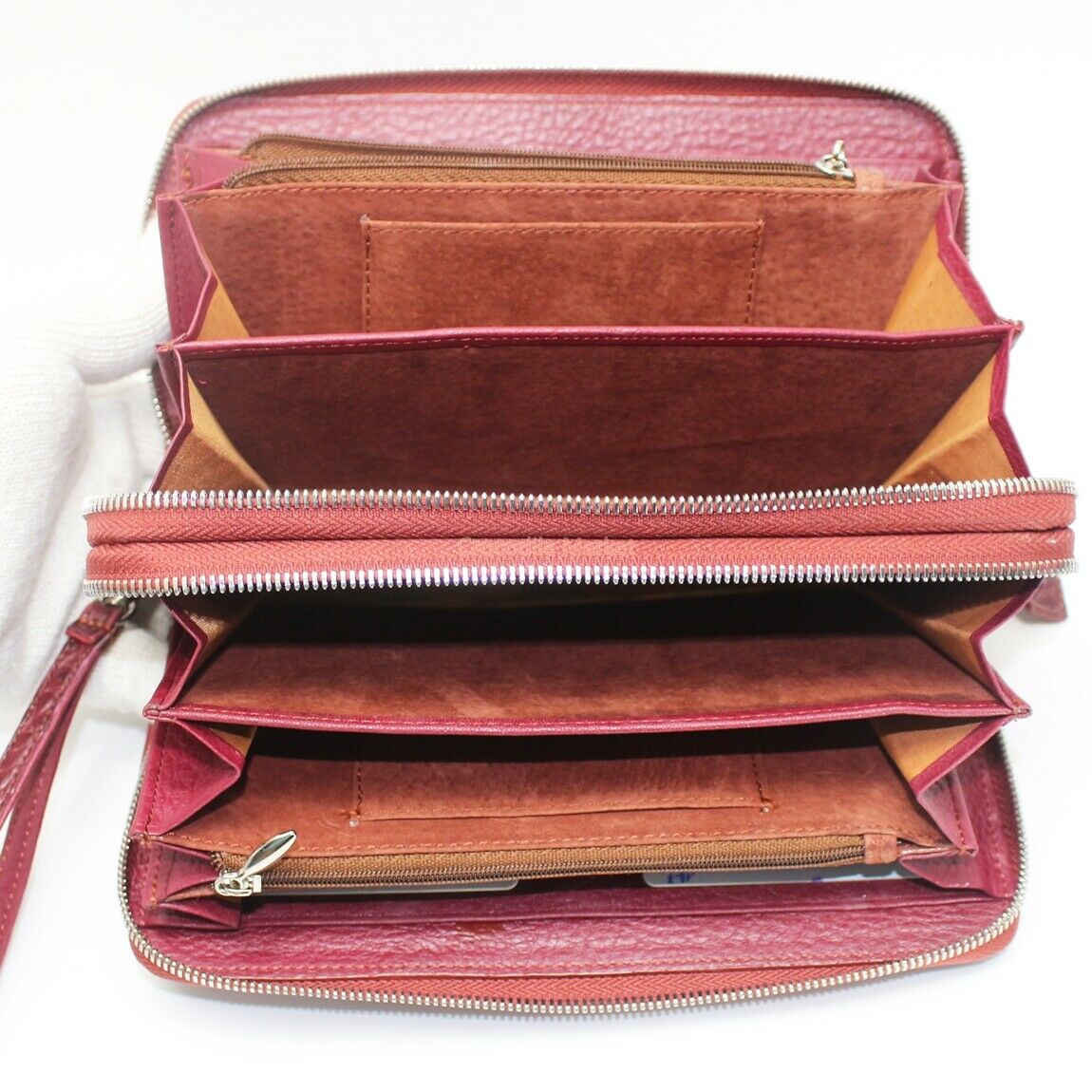 Genuine Leather Crocodile Skin Long Wallet 2 Zip-Around Clutch Handbag, Burgundy