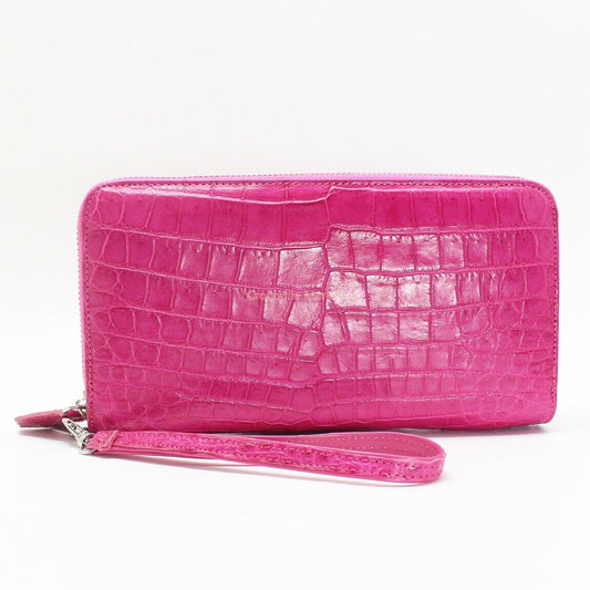 Genuine Leather Crocodile Skin Long Wallet 2 Zip-Around Clutch Handbag, Pink