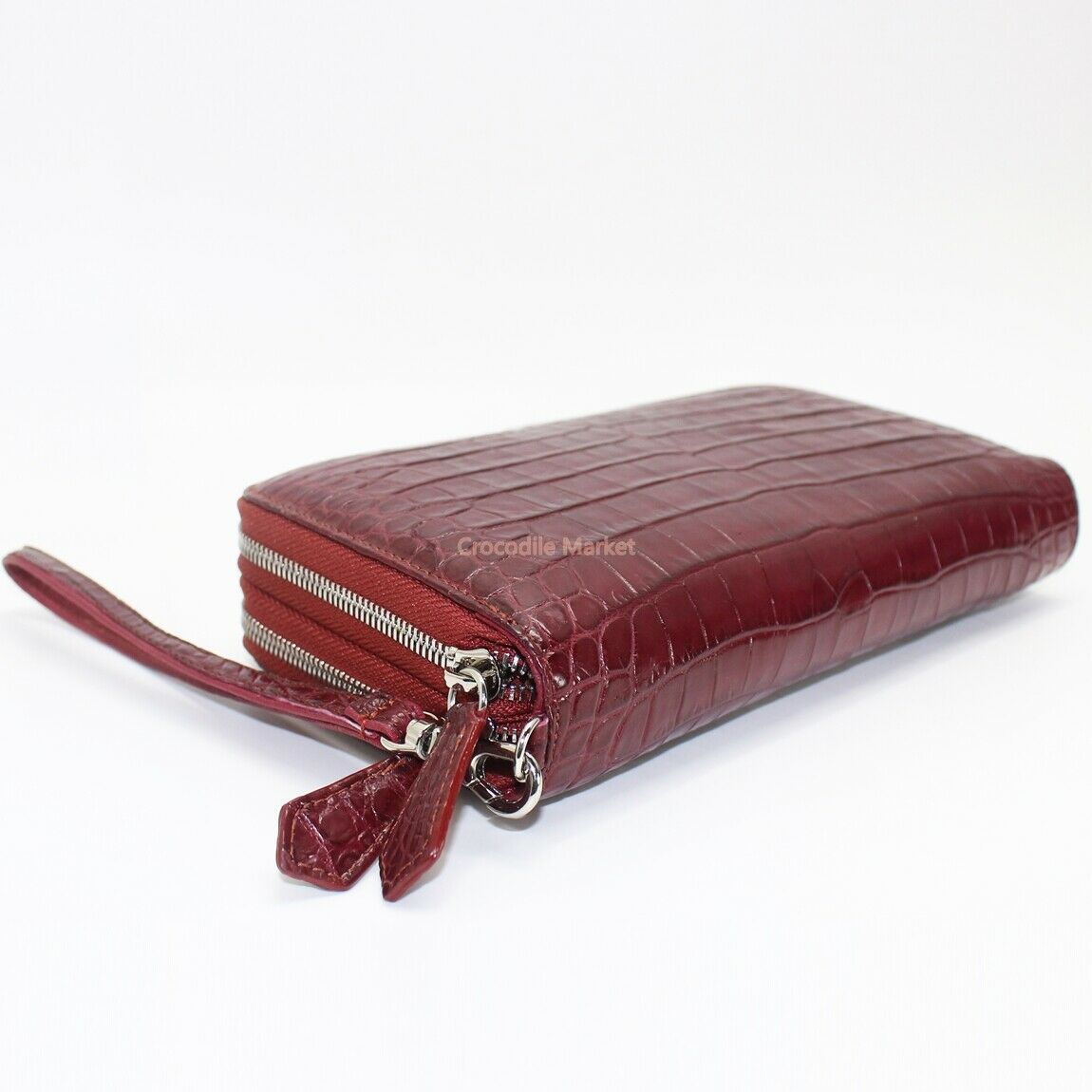 Genuine Leather Crocodile Skin Long Wallet 2 Zip-Around Clutch Handbag, Burgundy
