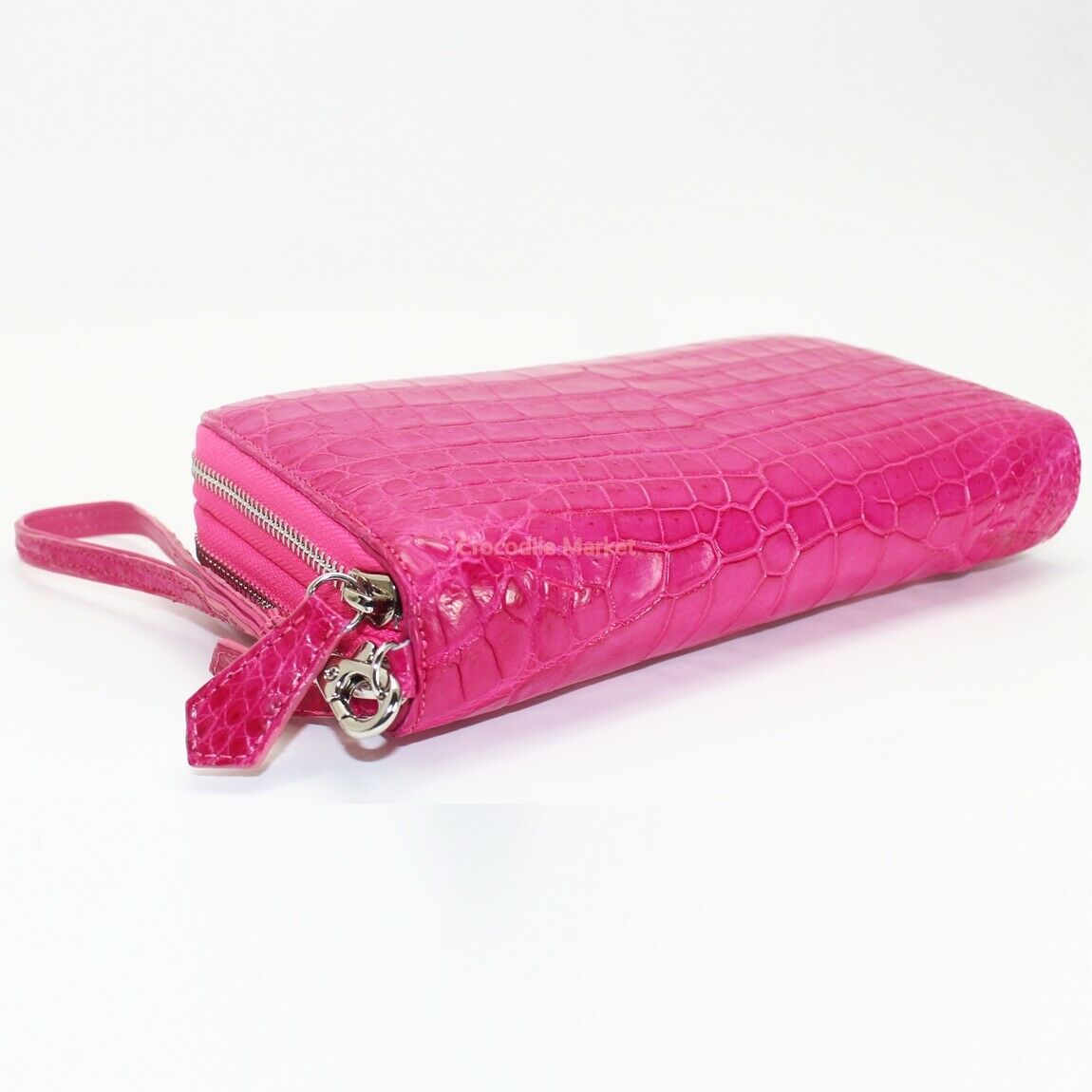 Genuine Leather Crocodile Skin Long Wallet 2 Zip-Around Clutch Handbag, Pink