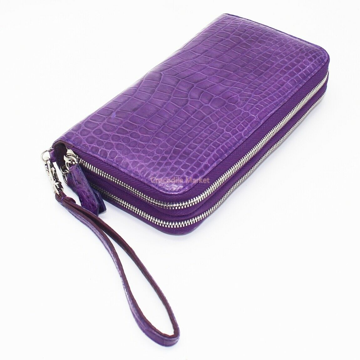Genuine Leather Crocodile Skin Long Wallet 2 Zip-Around Clutch Handbag, Purple