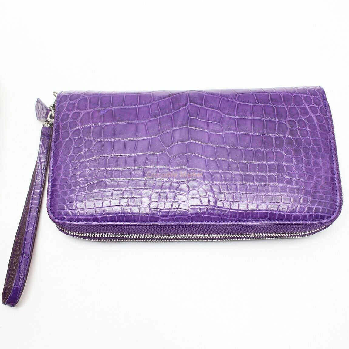Genuine Leather Crocodile Skin Long Wallet 2 Zip-Around Clutch Handbag, Purple