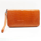 Genuine Leather Crocodile Skin Long Wallet 2 Zip-Around Clutch Handbag, Orange