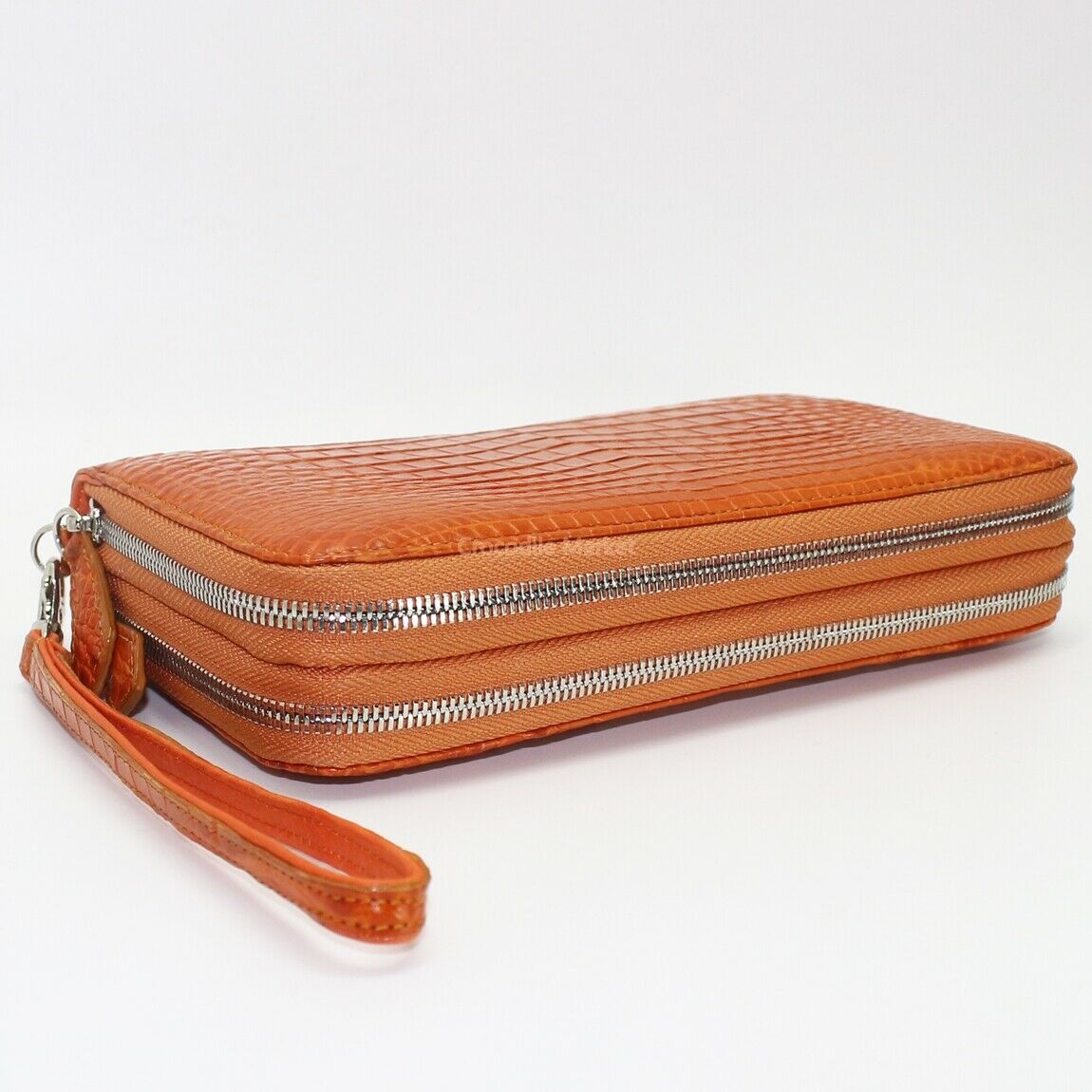 Genuine Leather Crocodile Skin Long Wallet 2 Zip-Around Clutch Handbag, Orange