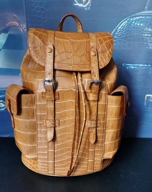 Handcrafted Alligator Skin Leather Backpack Shoulder Bag Travel Bag